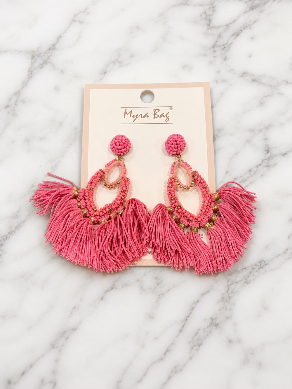 Myra Bag Pink Beaded Tassel Statement Earrings Boho Western NWT